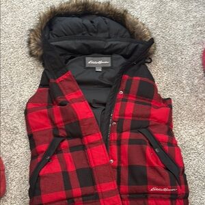 Eddie Bauer Red and Black Checkered Vest with Faux Fur Hood